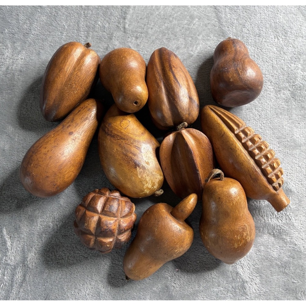 Vintage 11 Piece‎ Set of Hand Made Wooden Fruit Monkey Pod